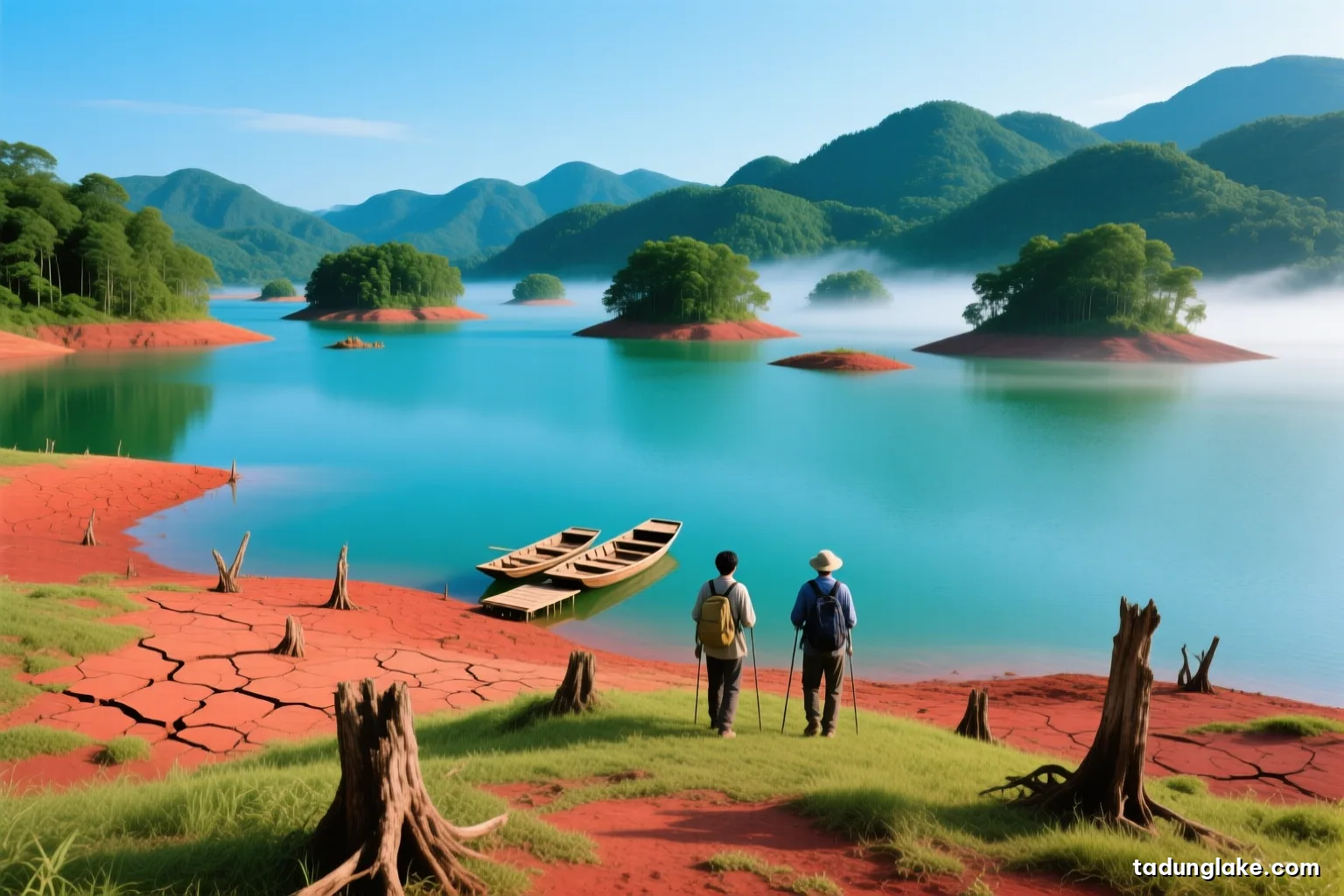 Wide exposed reservoir bed in the dry season, cracked red earth and patches of fresh grass, old tree stumps scattered toward the distant waterline, two hikers seen from behind