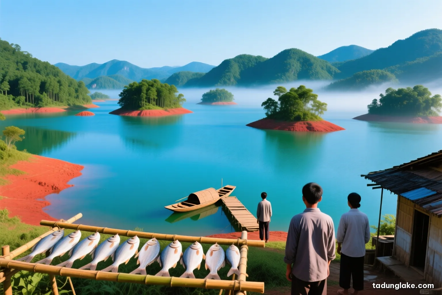Split freshwater fish drying on a raised bamboo rack under bright highland sun beside a farmhouse, a wide blue reservoir and forested islands in the distance