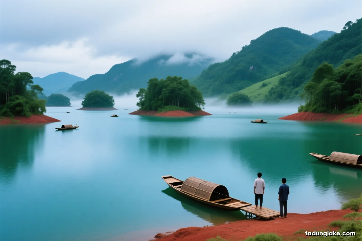 Low grey clouds drifting across forested islets on a rising reservoir in the rainy season, lush deep green slopes, silver water surface, a covered wooden boat moored near the bank
