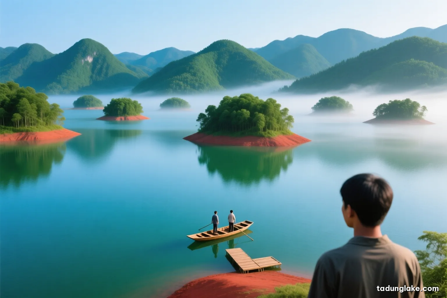 Early morning mist lifting off a full reservoir in the Vietnamese highlands, rounded green islets touching the waterline, a small boat with two people seen from behind, soft cool light