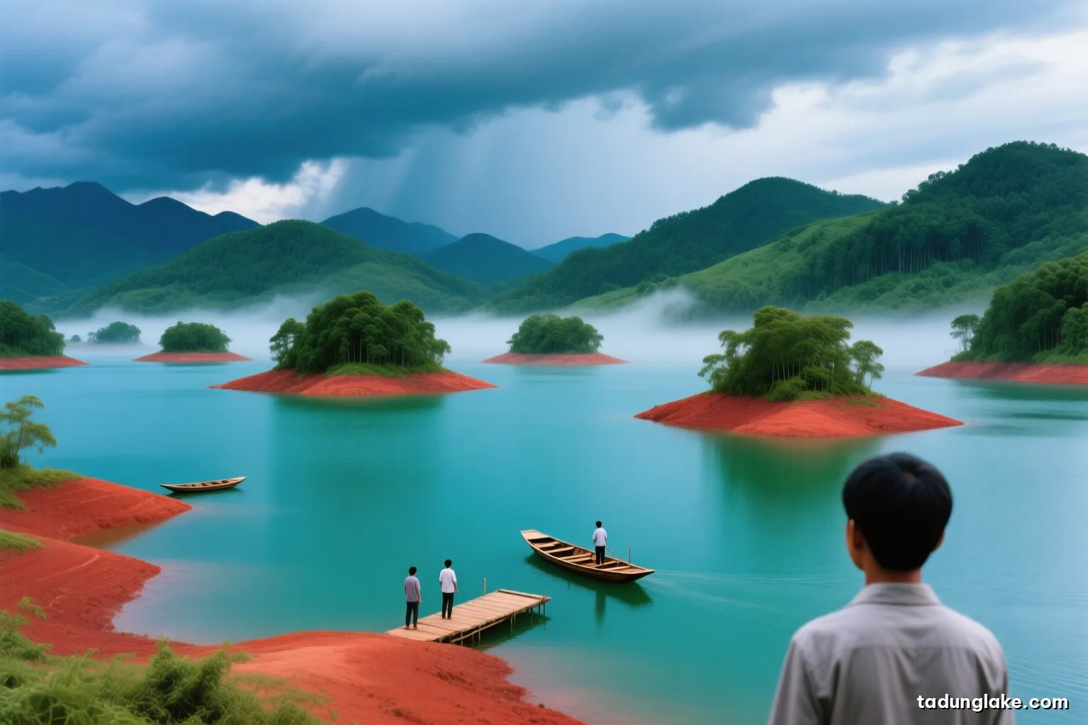 Towering afternoon storm clouds building behind forested hills above a low reservoir, wide red-earth shores exposed around islets, a small boat heading back to shore