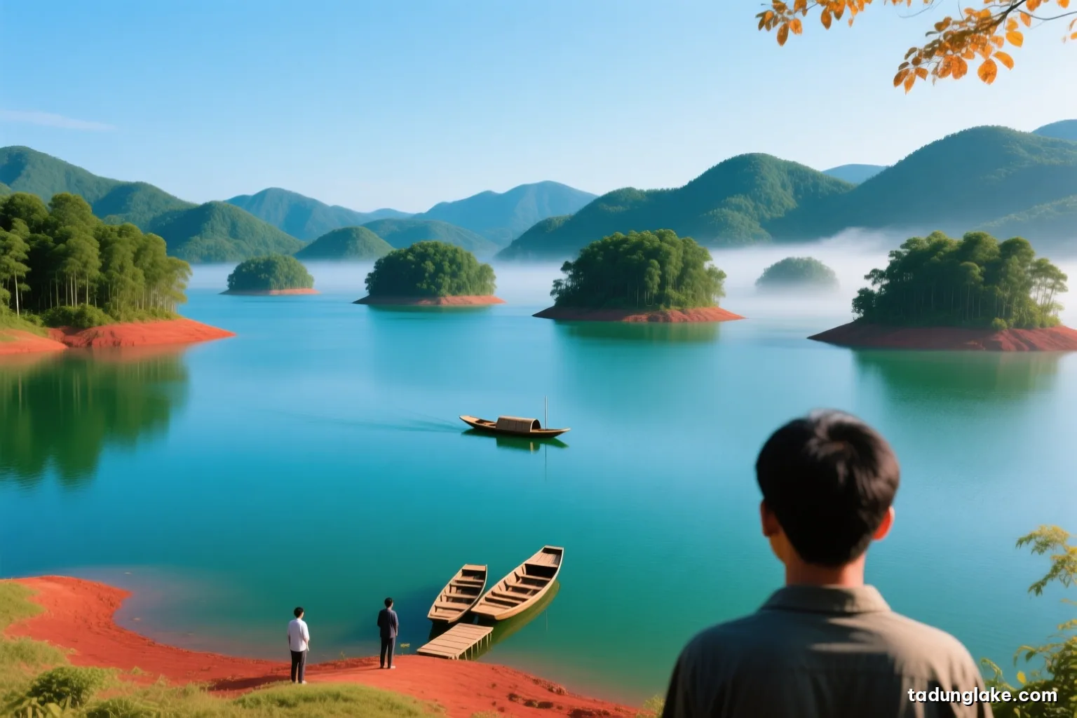 Wide view of a green-blue highland reservoir dotted with forested islets under a clear late-autumn sky, full water reaching the tree line, a lone wooden boat in the middle distance